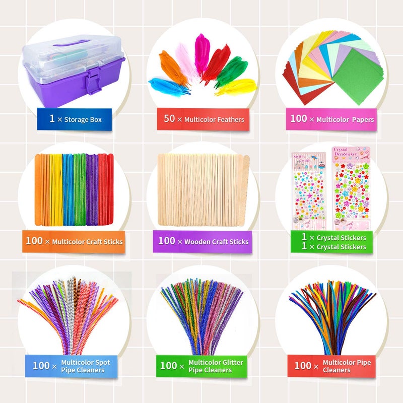 kortes Jumbo Art and Craft Supplies for Kids, Toddler DIY Craft Art Supply Set Included Pipe Cleaners, Pom Poms, Feather, Folding Storage Box - All in One for Craft DIY Art Supplies (Purple) - Image 3